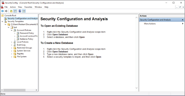 Screenshot of the Security Configuration and Analysis page for opening or creating a new database.