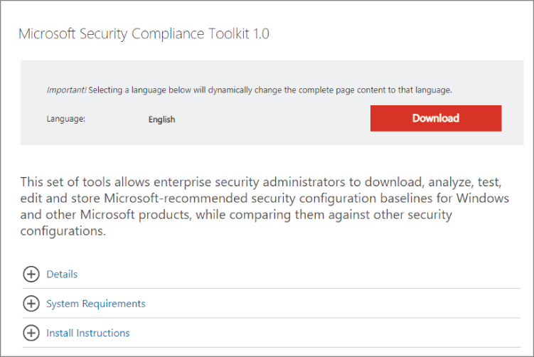 Screenshot of the Microsoft Security Compliance Toolkit 1.0 for selecting a language to dynamically change the complete page content.