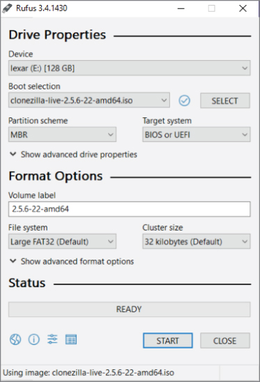 Screenshot for configuring the Drive Properties and Format Options of Rufus with the Clonezilla .iso