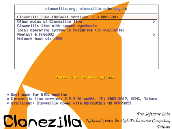 Screenshot displaying Clonezilla Live boot menu depicting the options to select from.