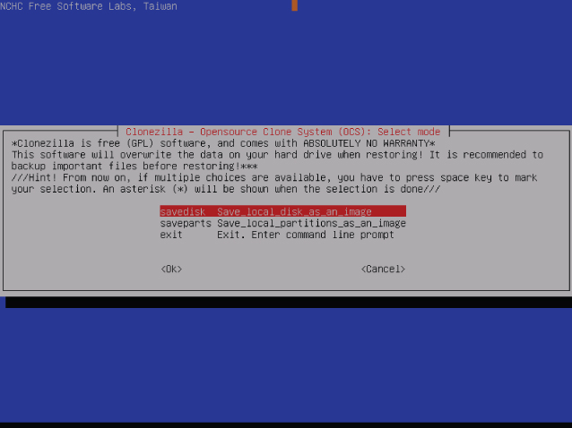 Screenshot of the NCHC Free Software Labs for saving the current disk to an image.