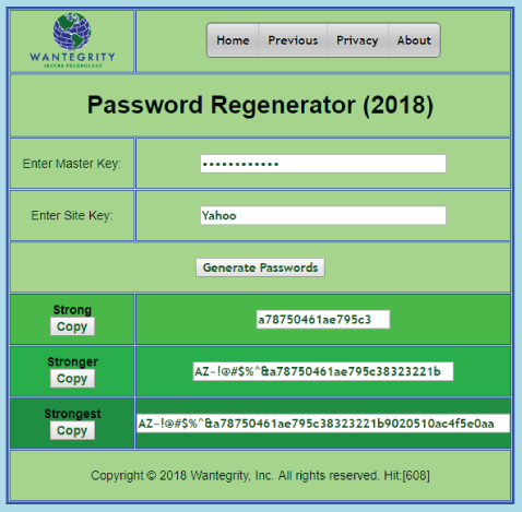 Screenshot for creating unique credentials for web accounts by entering a password and account and generate a unique complicated password for that credential pair.