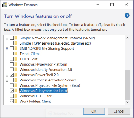 Screenshot for turning on the Windows feature of the Windows subsystem for Linux.