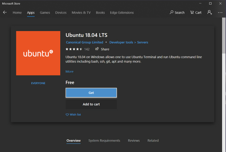 Screenshot of the Microsoft Store page for finding Ubuntu 18.04 on Windows WSL.