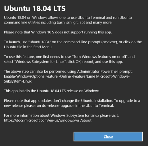 Screenshot presenting the details of Ubuntu 18.04 LTS to run the Ubuntu command line utilities.