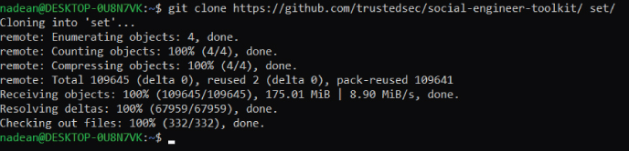Screenshot of a command prompt in the new Ubuntu 18.04 for cloning a toolkit SET to a set folder.