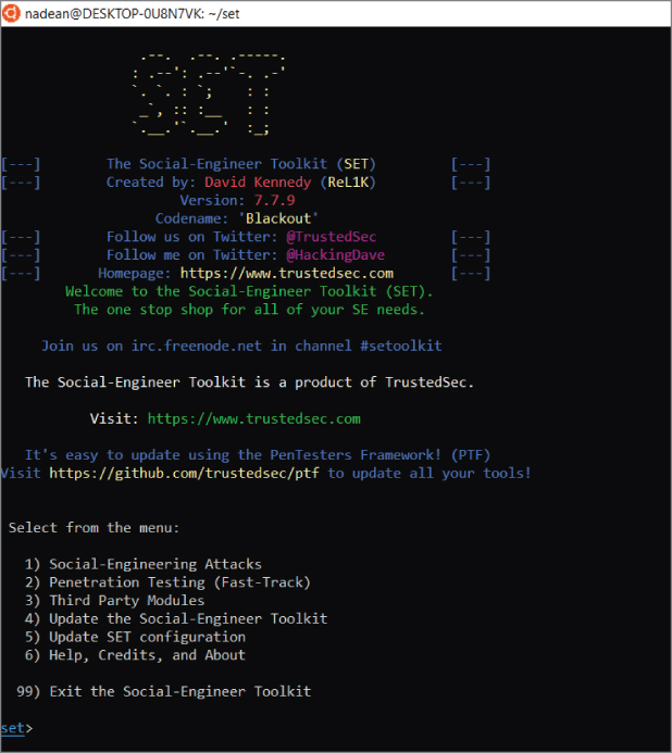 Screenshot of a command prompt displaying the SET (Social Engineer Toolkit) welcome screen.