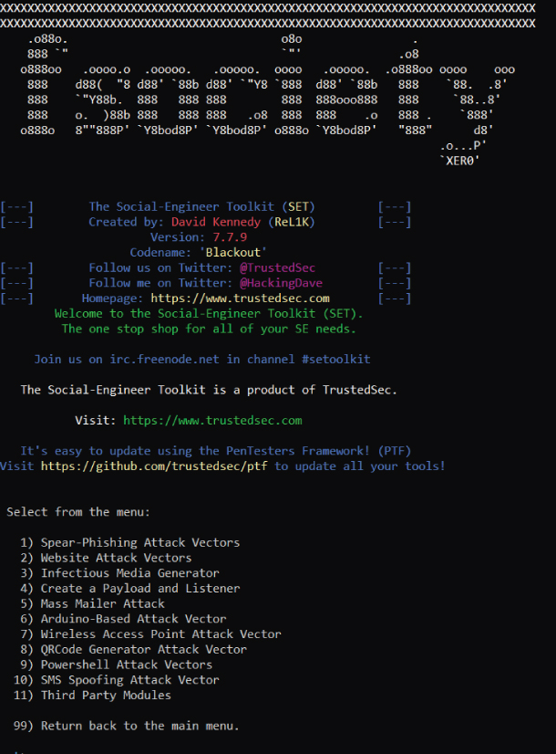 Screenshot of a command prompt displaying the menu of the Social Engineering Toolkit.