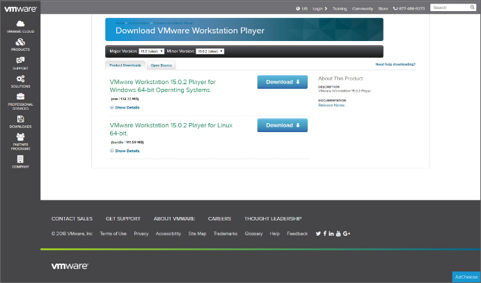 Screenshot to download VM Workstation Player page for the Windows computer.