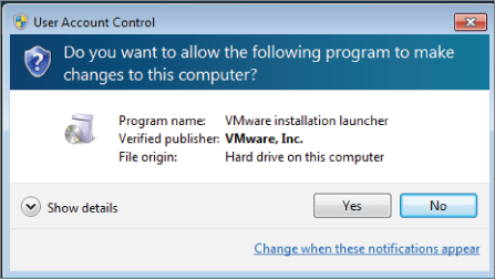 Screenshot displaying the VMware User Account Control (UAC) window after the VM workstation has been downloaded.