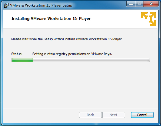 Screenshot for installing VMware Workstation 15 Player page displaying an information to wait  while the Set Wizard is installing the player.