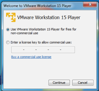 Screenshot of the welcome page of the VMware Workstation 15 Player for accepting the free noncommercial license.