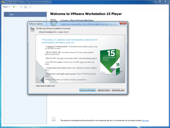 Screenshot of the welcome page of the VMware Workstation 15 Player displaying the software updates of the Workstation Player.