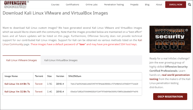 Screenshot for downloading Kali Linux VMware and VirtualBox Images for the architecture of a machine.