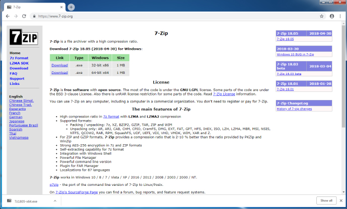 Screenshot for downloading and installing 7-Zip software for Windows.