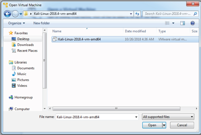 Screenshot for opening Kali Linux Virtual Machine in the VMware Workstation Player.