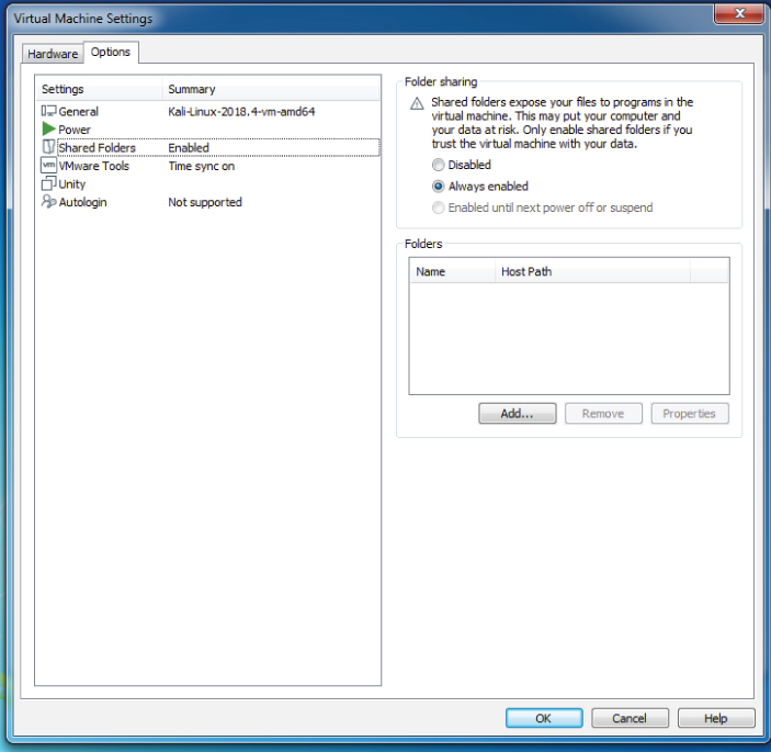 Screenshot of the Virtual Machine Settings page for disabling shared folders to prevent it from exposing files to programs in the virtual machine.