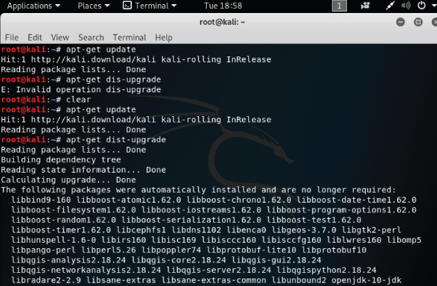 Screenshot of a prompt command for updating Kali Linux through a terminal by running the “apt-get update.”