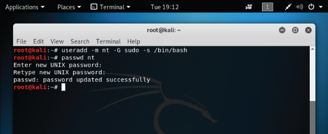 Screenshot of a prompt command for adding a nonroot username and password to Kali Linux.