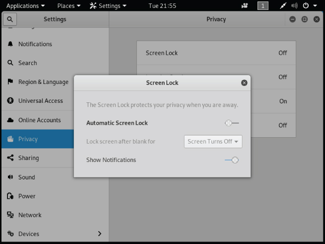 Screenshot for configuring Automatic Screen Lock by selecting the Privacy option in the Settings menu.