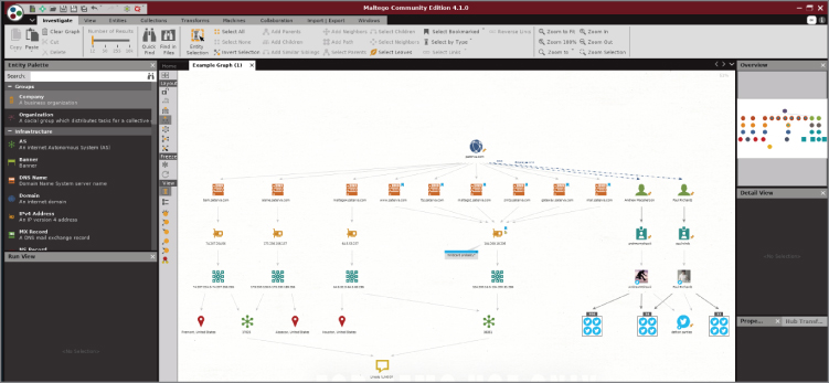 Screenshot displaying the data sources of Paterva, the owner of Maltego, providing a choice to build a new graphic interface.