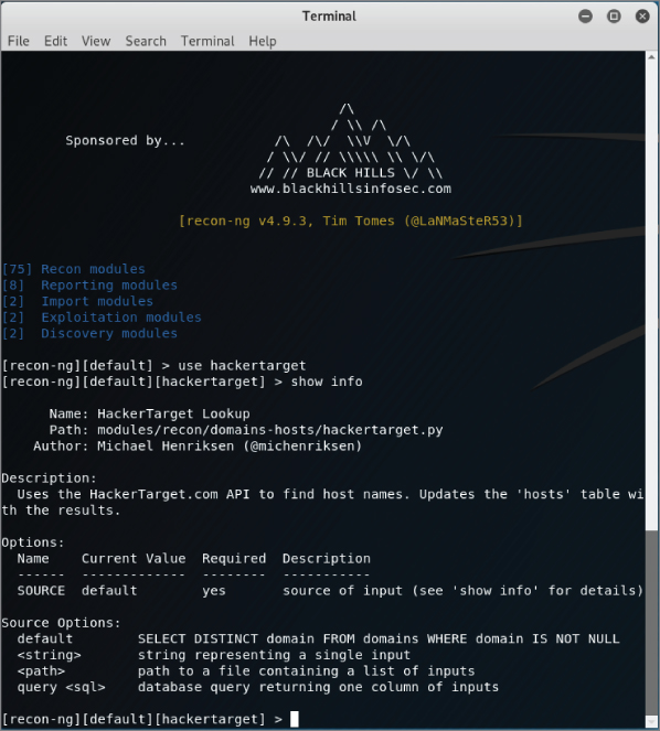 Screenshot displaying the recon-ng welcome prompt to enumerate hostnames for a module.