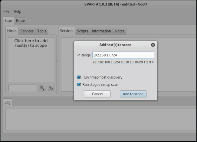 Screenshot of the Sparta page for defining the parameters in Sparta, which is another Python tool, to add hosts to scope.