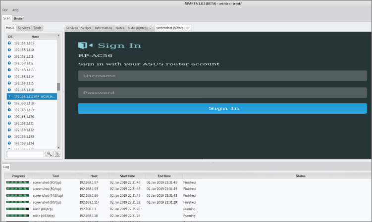 Screenshot displaying the Sparta data collected while running a scan, such as the Sign In screen for the ASUS router on 192.168.1.117.