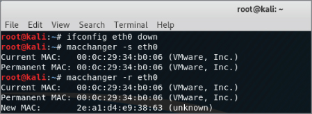 Screenshot of a command prompt in the Kali Linux terminal to reassign a specific MAC address to eth0.