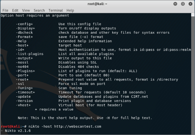 Screenshot of a command prompt for Nikto vulnerability scanning of http://webscantest.com in the Kali Linux terminal.