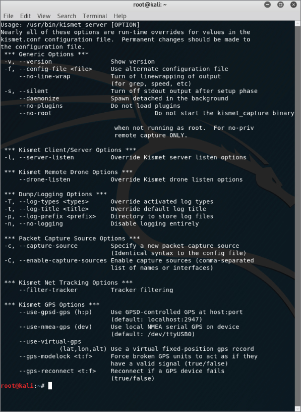 Screenshot of a command prompt in the Kali Linux terminal displaying Kismet server options to make permanent changes to the configuration file ands set up options.