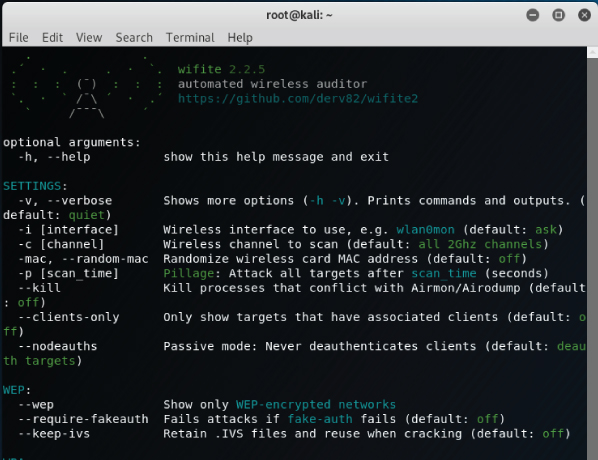 “Screenshot of a command prompt in the Kali Linux terminal displaying many options for the user to set with WiFite.”