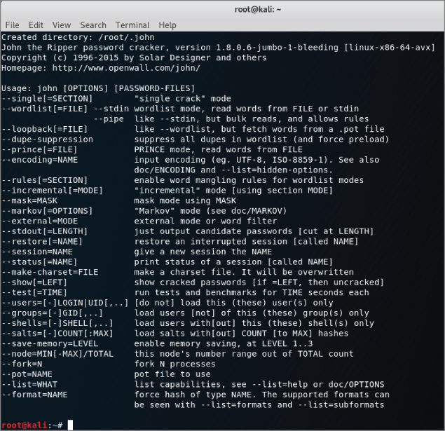 Screenshot of a command prompt in the Kali Linux terminal displaying lots of command-line options and more options in the configuration file.