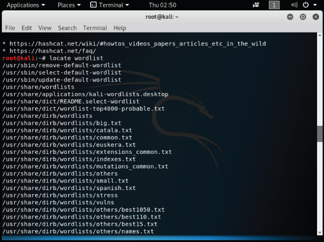 Screenshot of a command prompt in the Kali Linux terminal displaying Hashcat wordlist built for sqlmap that has more than a million words in it.