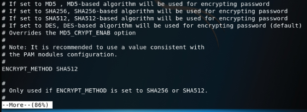 Screenshot of a command prompt of the Kali Linux using Encrypt_Method SHA512.