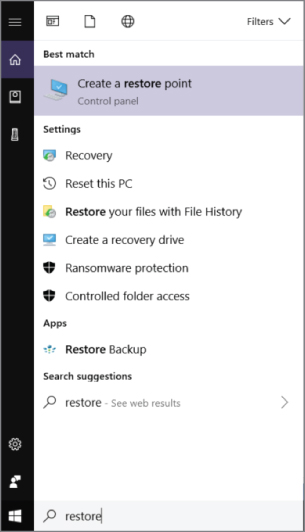 Screenshot of the Windows screen for creating a restore point and enable system protection.