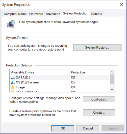 Screenshot of the System Properties dialog box displaying all the options  of available drives for System Protection.