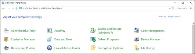 Screenshot for configuring File Explorer options in the Control Panel displaying various icons to adjust computer settings.