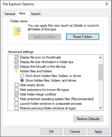 Screenshot of the File Explorer Options page displaying the View tab to review the settings for configuring file properties.