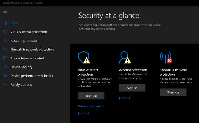 Screenshot of the Windows Defender Security Center page displaying the options for setting up Virus and Threat protection or create a Firewall.