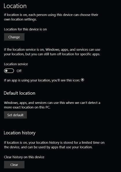 “Screenshot of the Location section in privacy settings to disable the location service option, to prevent Windows from tracking a location.”