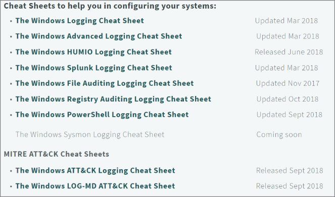 Screenshot displaying a variety off logging cheat sheets to help the user in configuring their systems.