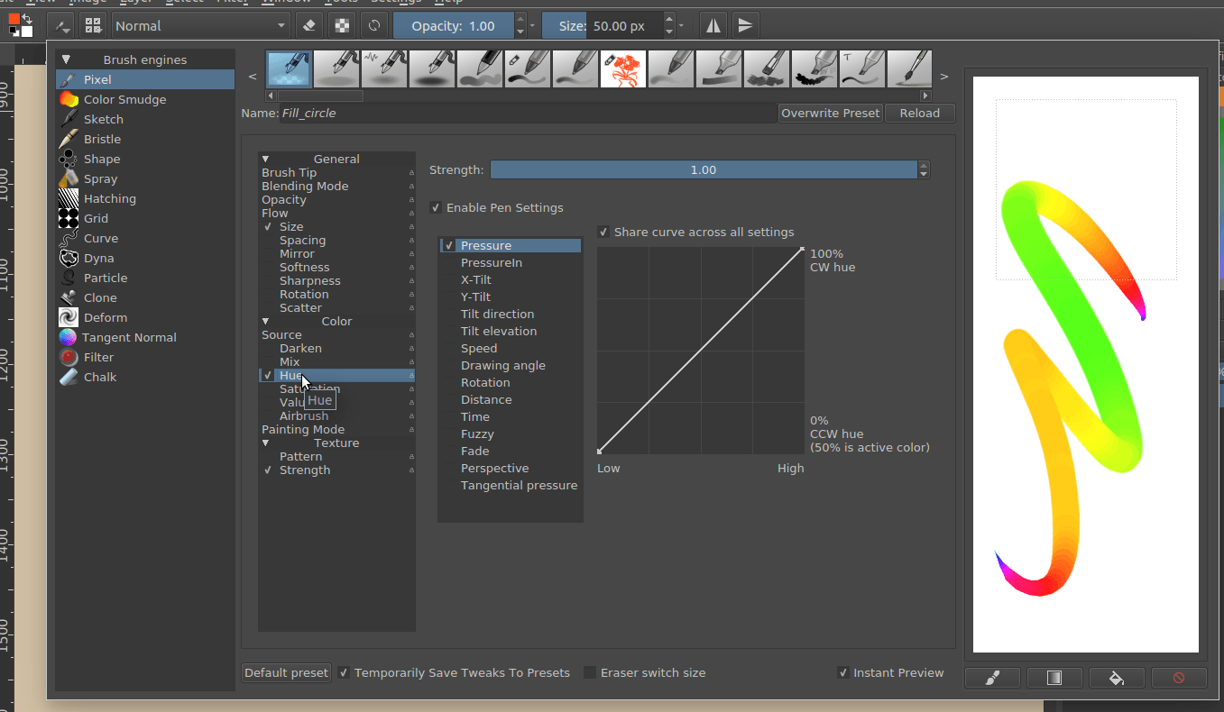 Toggle hue in the brush parameter.