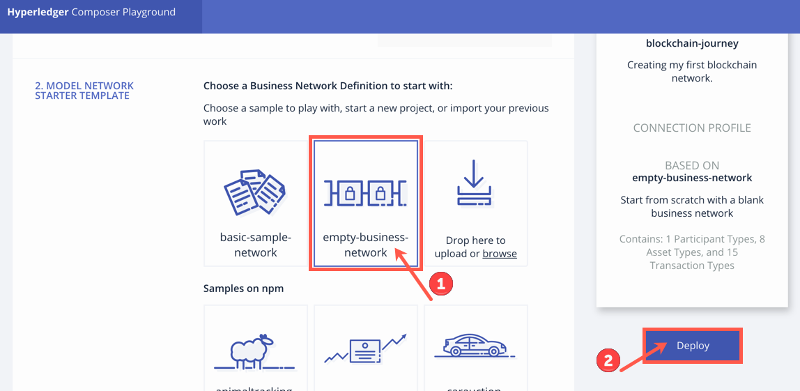 单击 empty-business-network 和 Deploy。