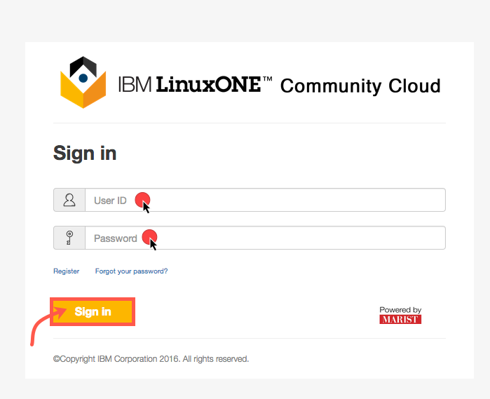 登录到 LinuxONE Community Cloud。