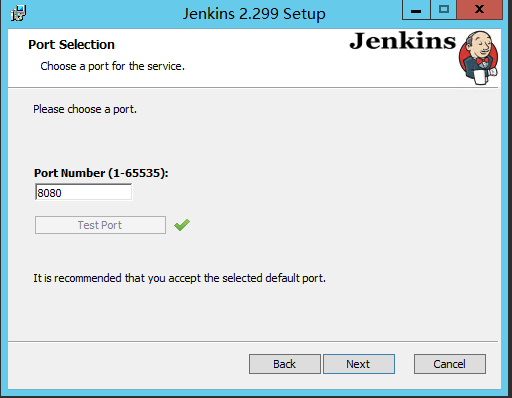 Jenkins 默认端口为 8080，可能会与其他软件冲突，可以修改为其他端口，点击【Test-Port】通过即可