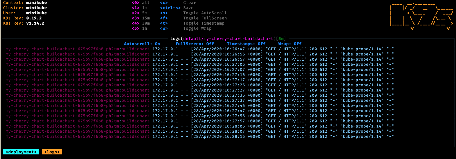 Using k9s to show Kubernetes pod logs