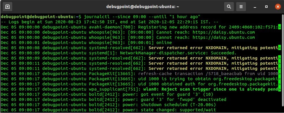 journalctl --since 09:00 --until