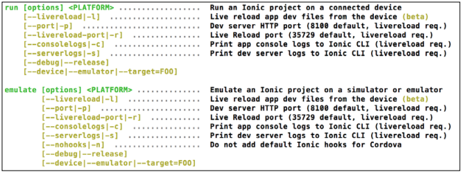 options for ionic run/emulate