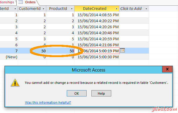 Screenshot of referential integrity warning